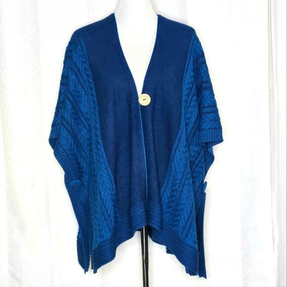 Simply Natural Trenza Capa Baby Alpaca Wool Teal Blue Ruana Cape Style Sweater - Picture 3 of 12